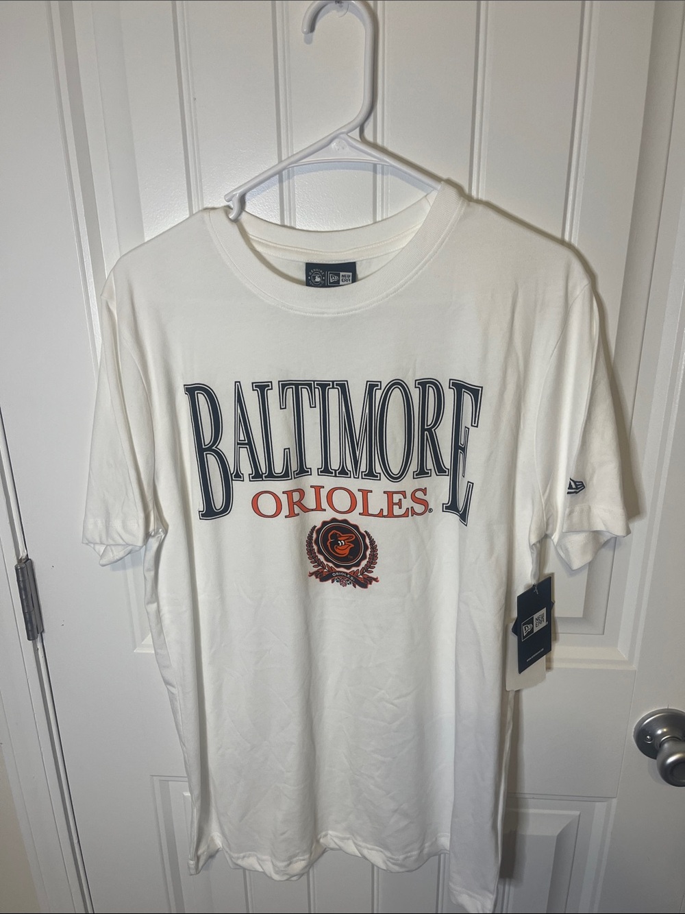 New Era Baltimore Orioles White Tee with Navy & Orange Graphics
